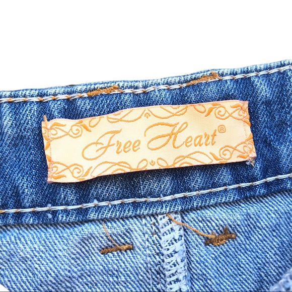 Free Heart Distressed Washed Raw Hem Denim Jean A Line High Rise Mini Skirt M - Picture 7 of 9
